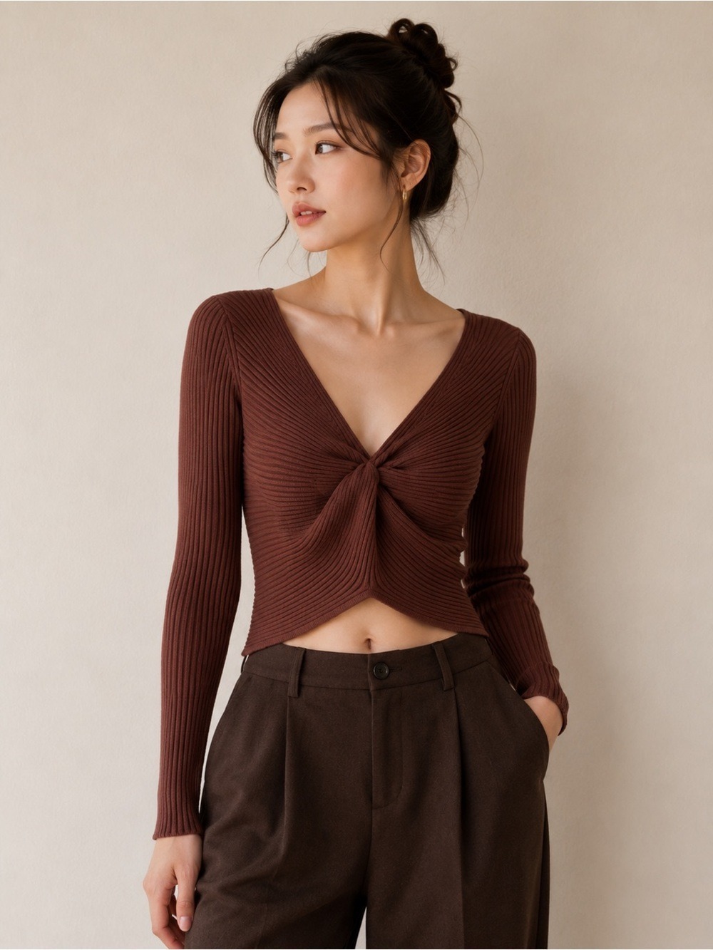 Abercrombie & Fitch Ribbed Twist-Front Crop Top - Chocolate Brown